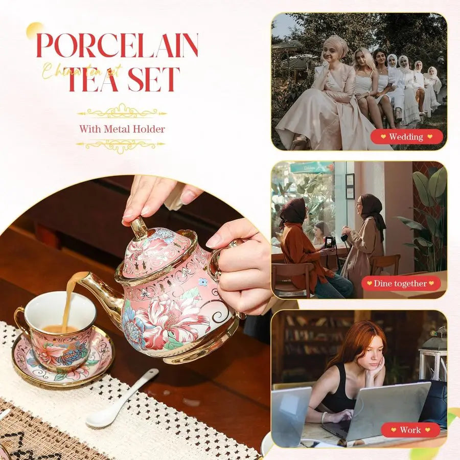 Pcs Porcelain Tea Set for Adults with Metal Holder and Spoon European Ceramic Tea Party Set Flower Painting Teapot Cup Saucer fo