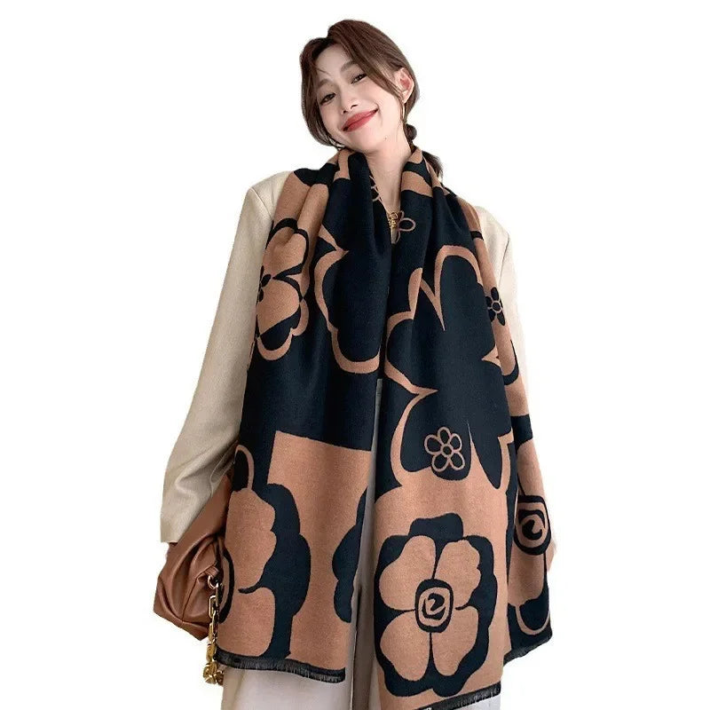 Elegant Women Flowers Soft Acrylic Cashmere Scarf Shawl Autumn Winter Neckerchief Spring Summer Travel Cape Long