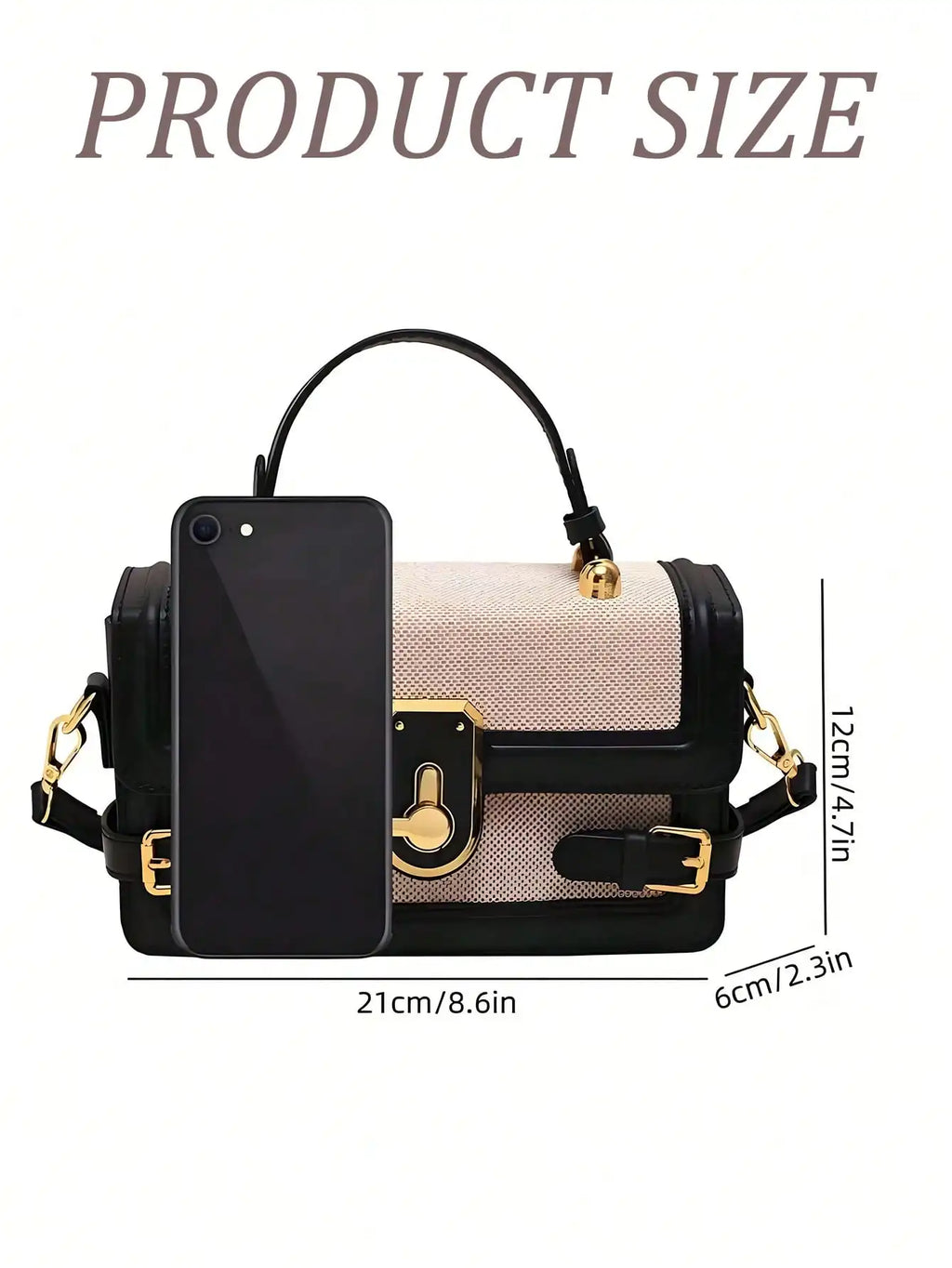 Structured Square Crossbody Bag with Gold-Tone Clasp and Adjustable Strap