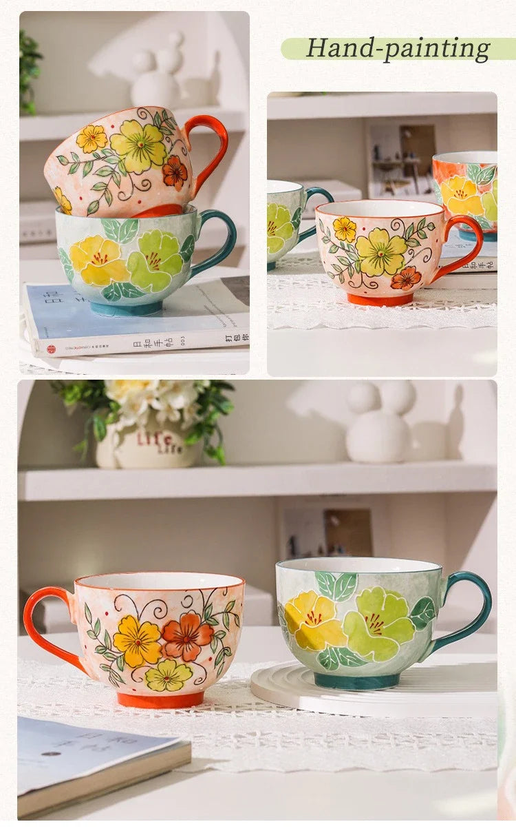 500ML Ceramic Coffee Mugs Large Capacity Hand-painted Relief Breakfast Cup Milk Oat Flower Tea Cups Creative Drinking Water Mug