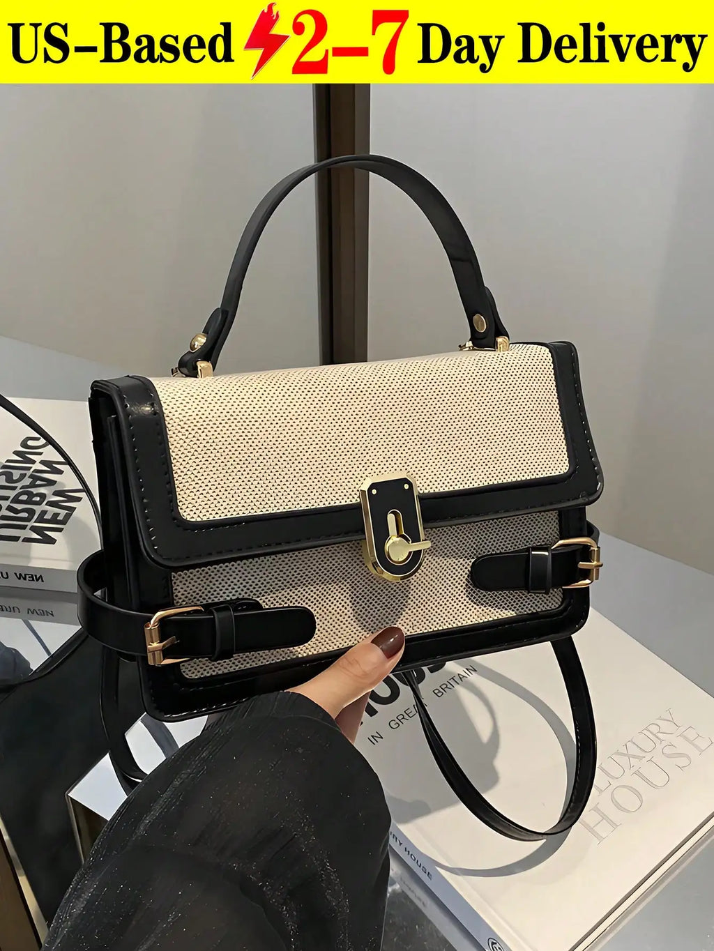 Structured Square Crossbody Bag with Gold-Tone Clasp and Adjustable Strap