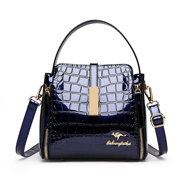 Women's Glossy Crocodile Embossed Patent Leather Bucket Bag Casual Top Handle Crossbody Shoulder Handbag for Daily Commute Sac