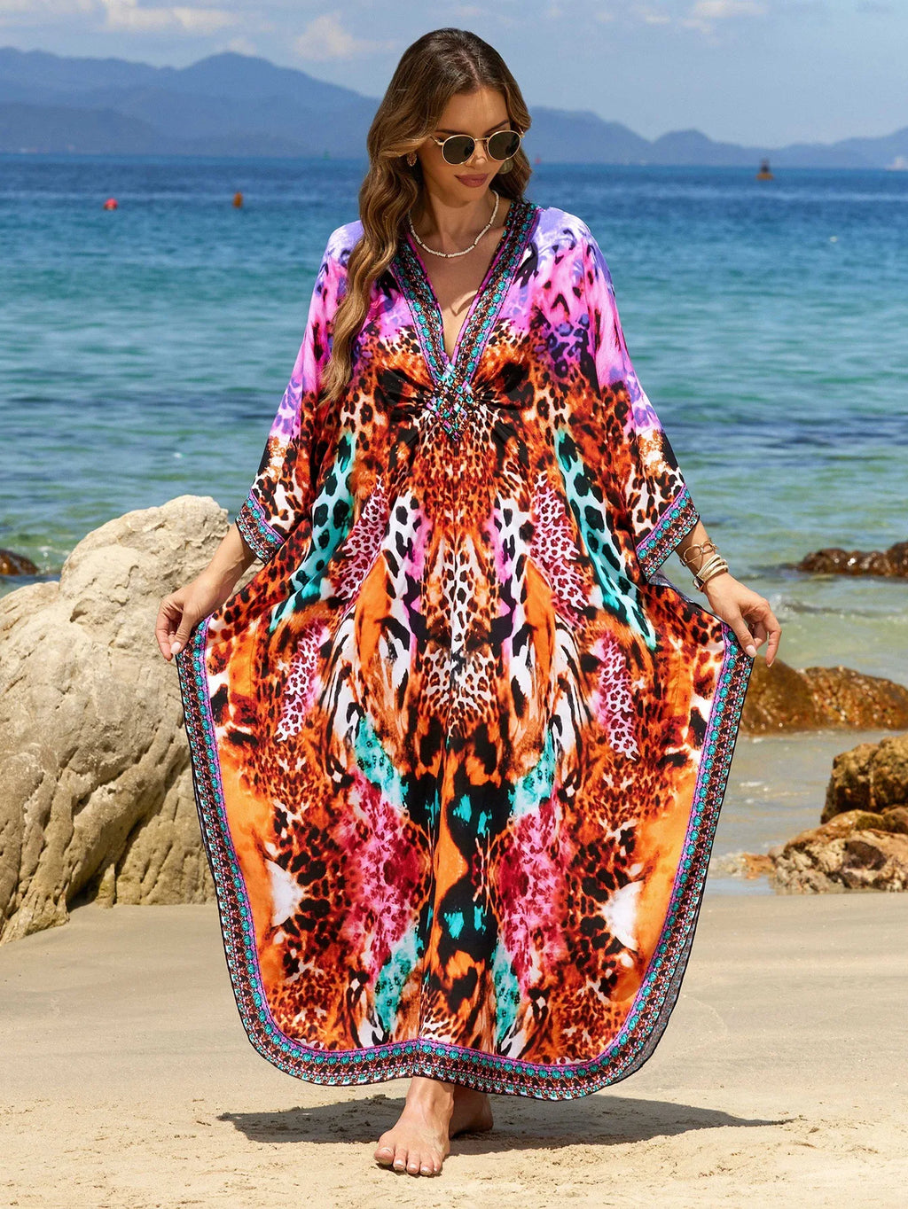 Beach Kaftans for Women Colorful Leopard Printed Cover Ups for Swimwear Hand Woven Summer Vacation Bathing Suits Hot Sales
