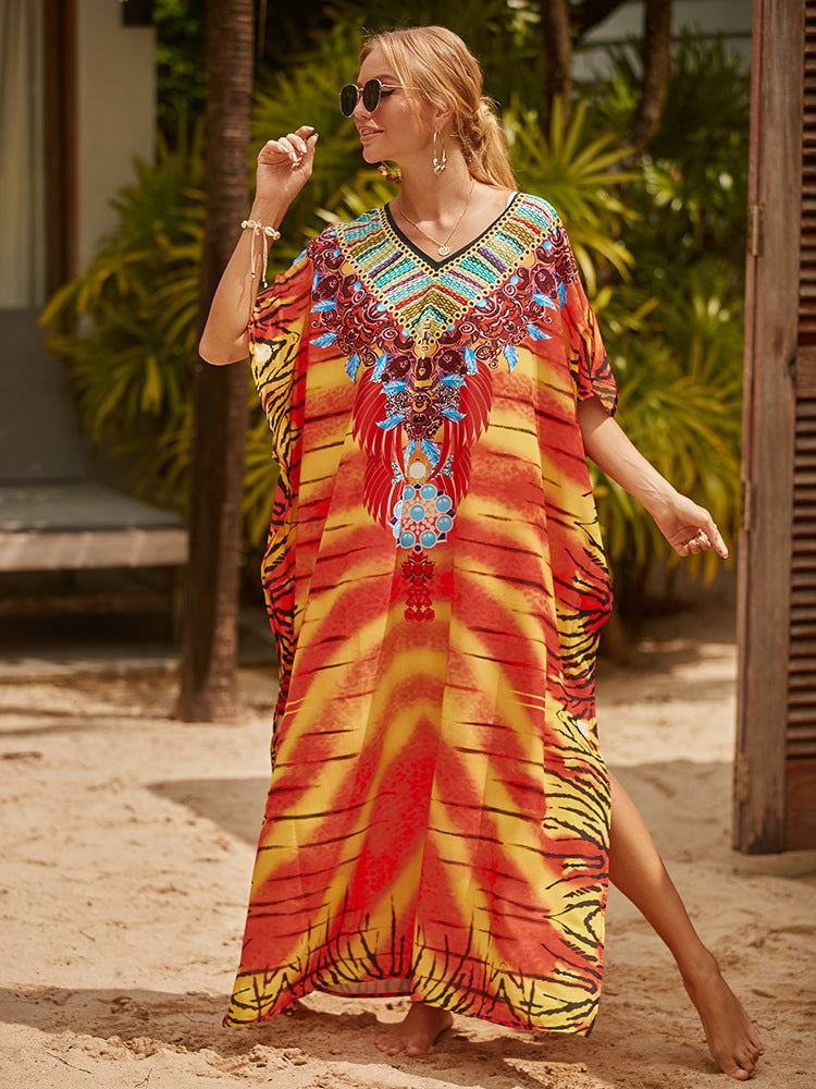 Women's Long Caftans Print Bathing Suit Cover Up Casual Beach Maxi Dress Abaya Beach Outfits Boho Clothes