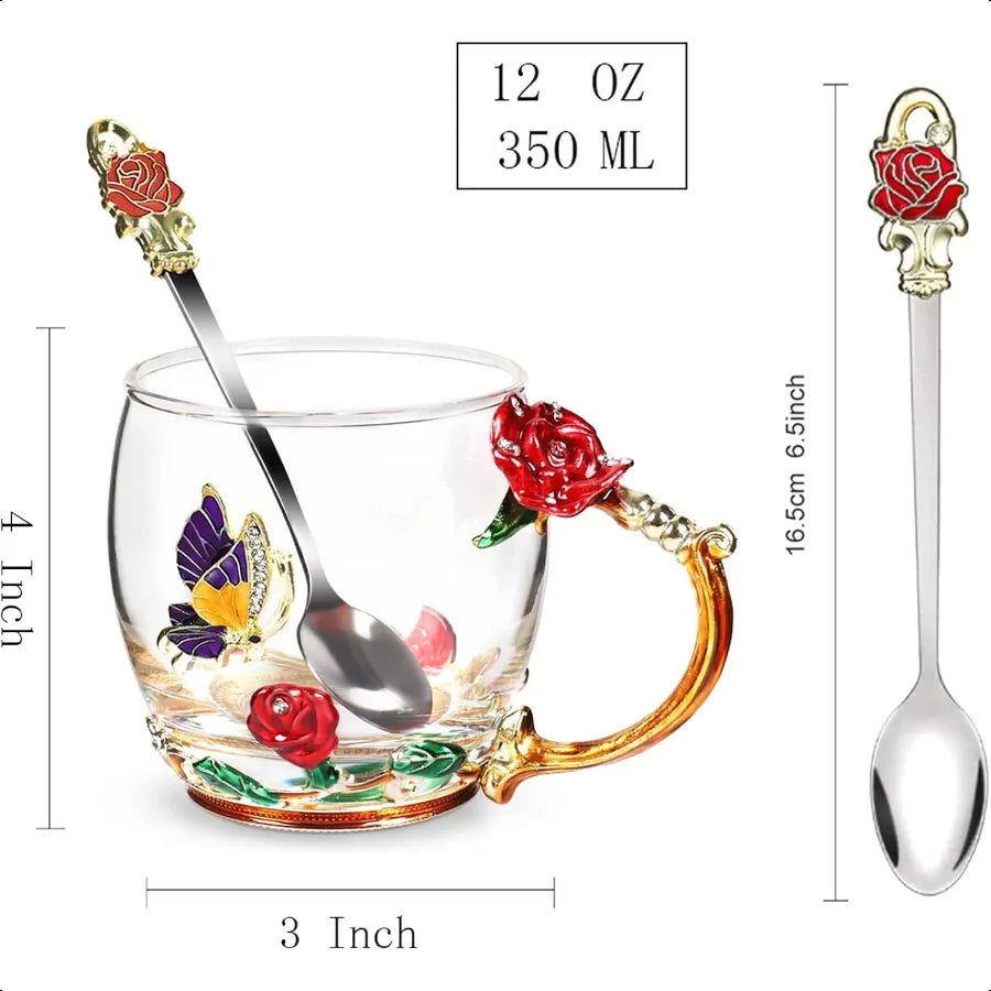 Flower Tea Cup Butterfly Rose Clear Glass Fancy Coffee Mug with Spoon Gift Box for Her Mom Wife Grandma Girls Friends Valentine
