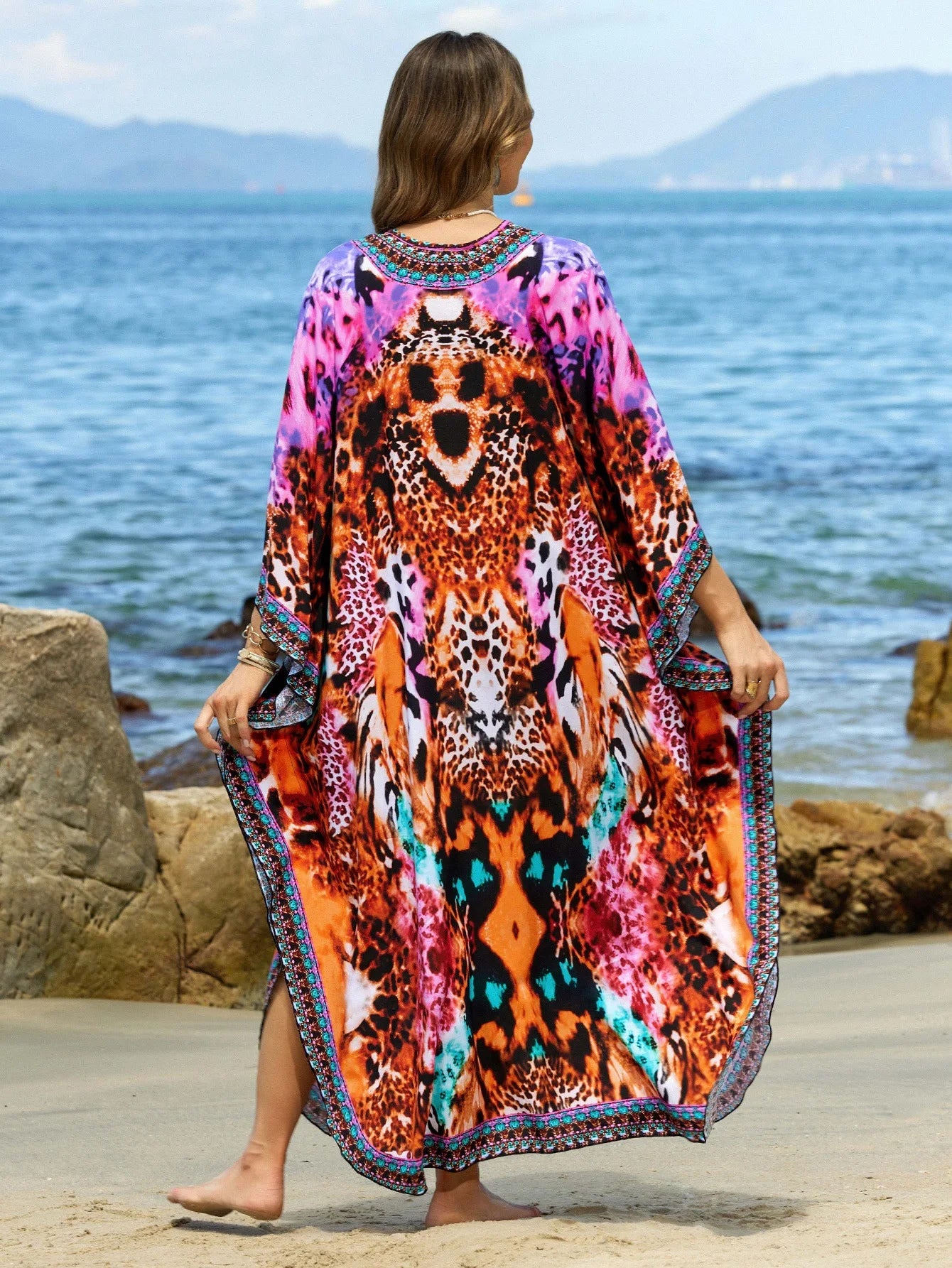 Beach Kaftans for Women Colorful Leopard Printed Cover Ups for Swimwear Hand Woven Summer Vacation Bathing Suits Hot Sales
