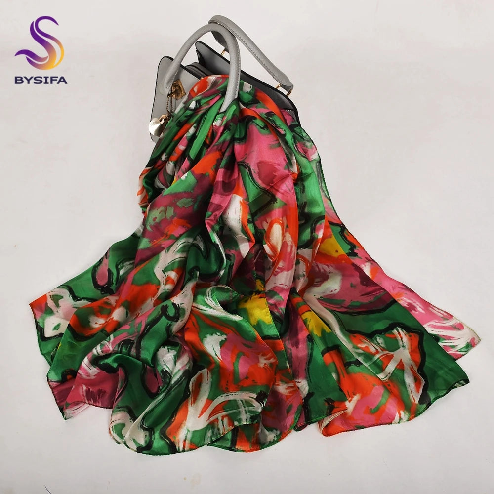 [BYSIFA] New Blue Green Silk Scarf Shawl Women Fashion Brand 100% Pure Silk Long Scarves Autum Winter Warm Neck Head Scarf Hijab