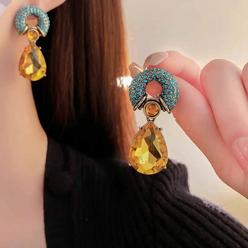 Rhinestone Circle Water Drop Metal Vintage Dangle Earrings for Women Personality Exquisite New in Earring 2024 Aesthetic Jewelry