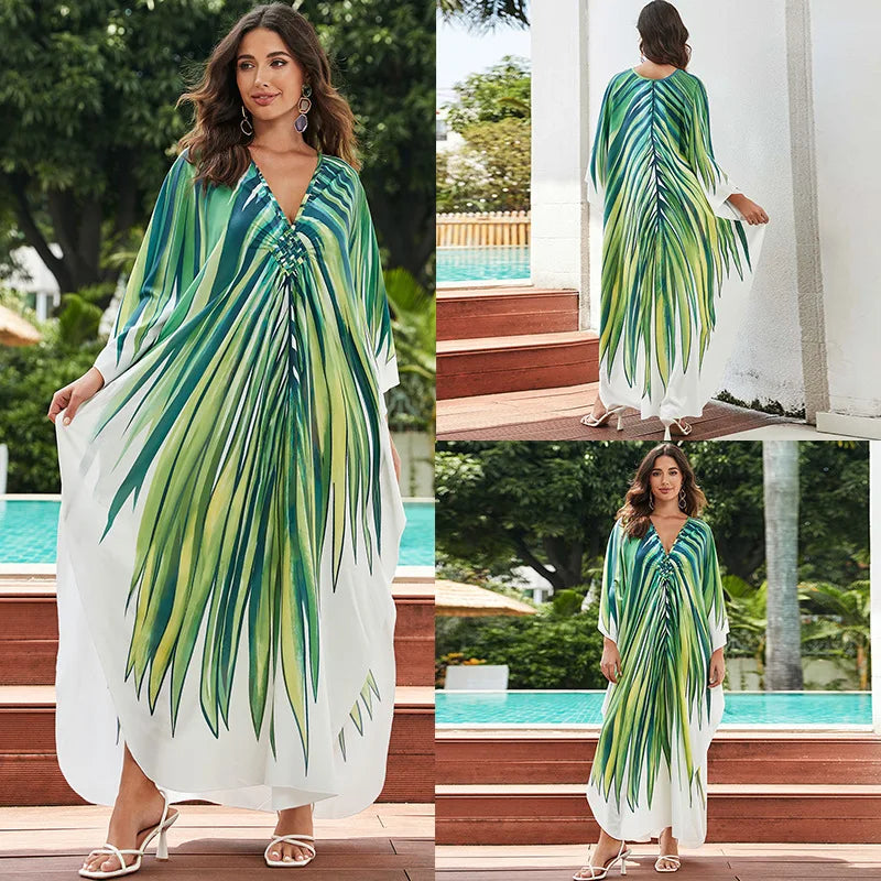 Women Ethnic Print Kaftan Beach Dress Bathing Suit Plus Size Swimsuit Cover Up Beachwear