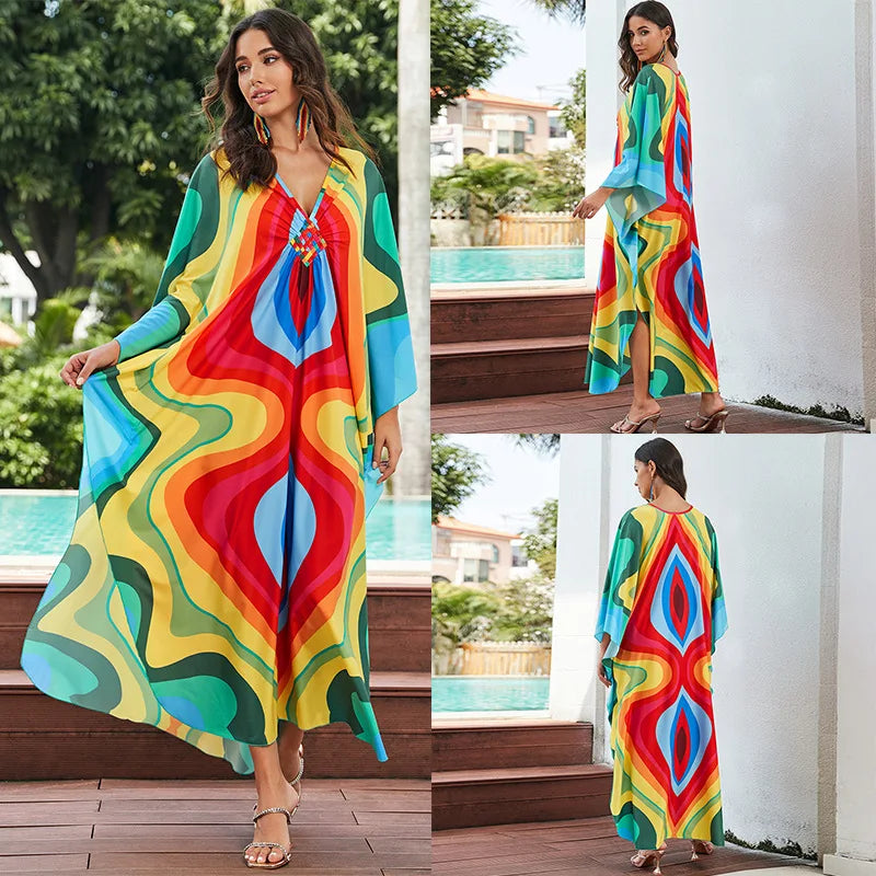 Women Ethnic Print Kaftan Beach Dress Bathing Suit Plus Size Swimsuit Cover Up Beachwear