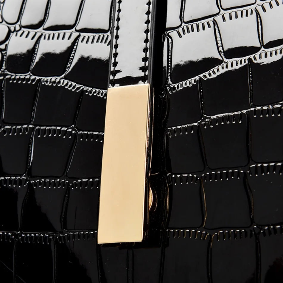 Women's Glossy Crocodile Embossed Patent Leather Bucket Bag Casual Top Handle Crossbody Shoulder Handbag for Daily Commute Sac
