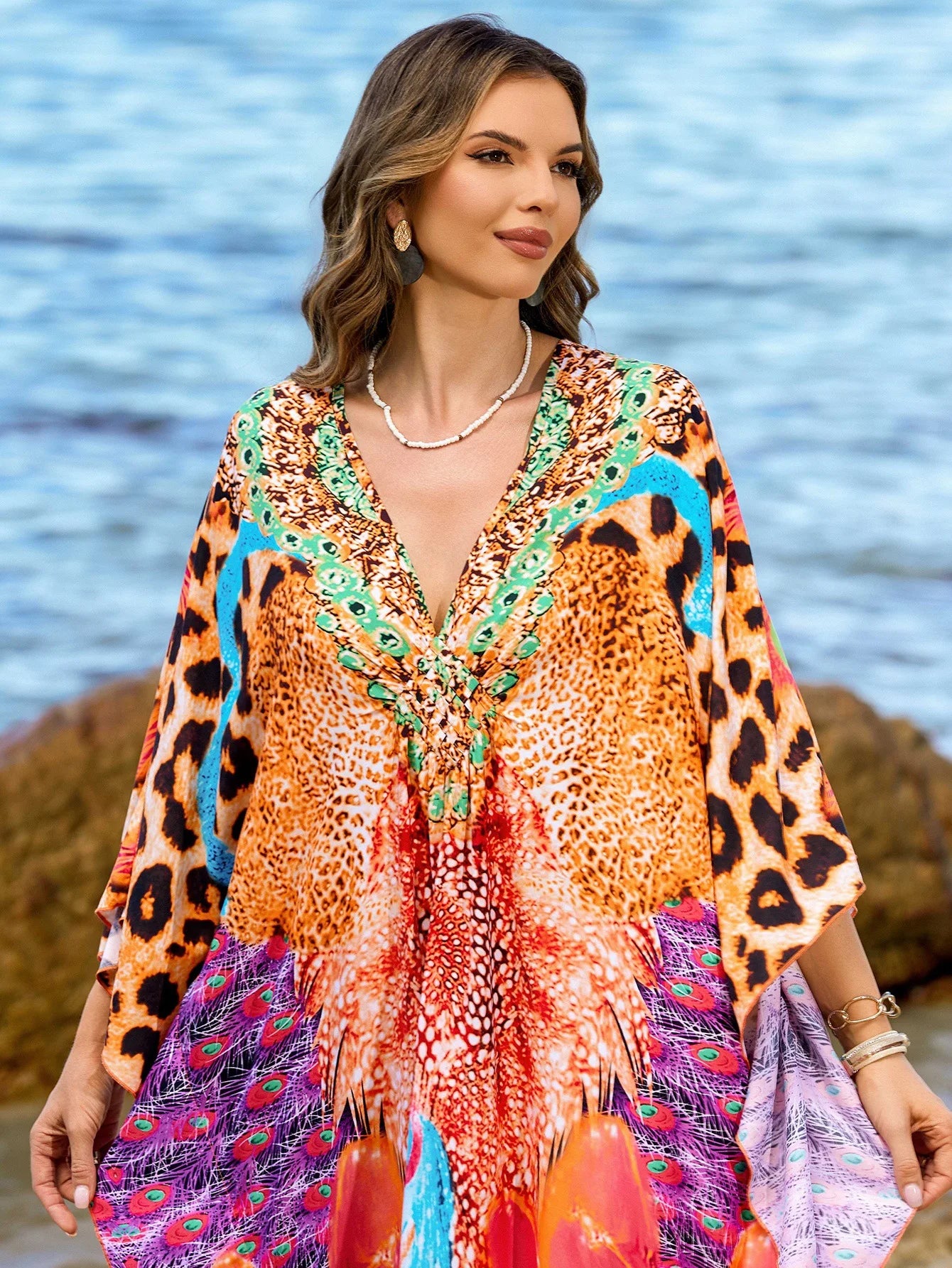 Beach Dresses Leopard Printed Kaftans for Women Hand Woven Cover Ups for Swimwear Factory Supply