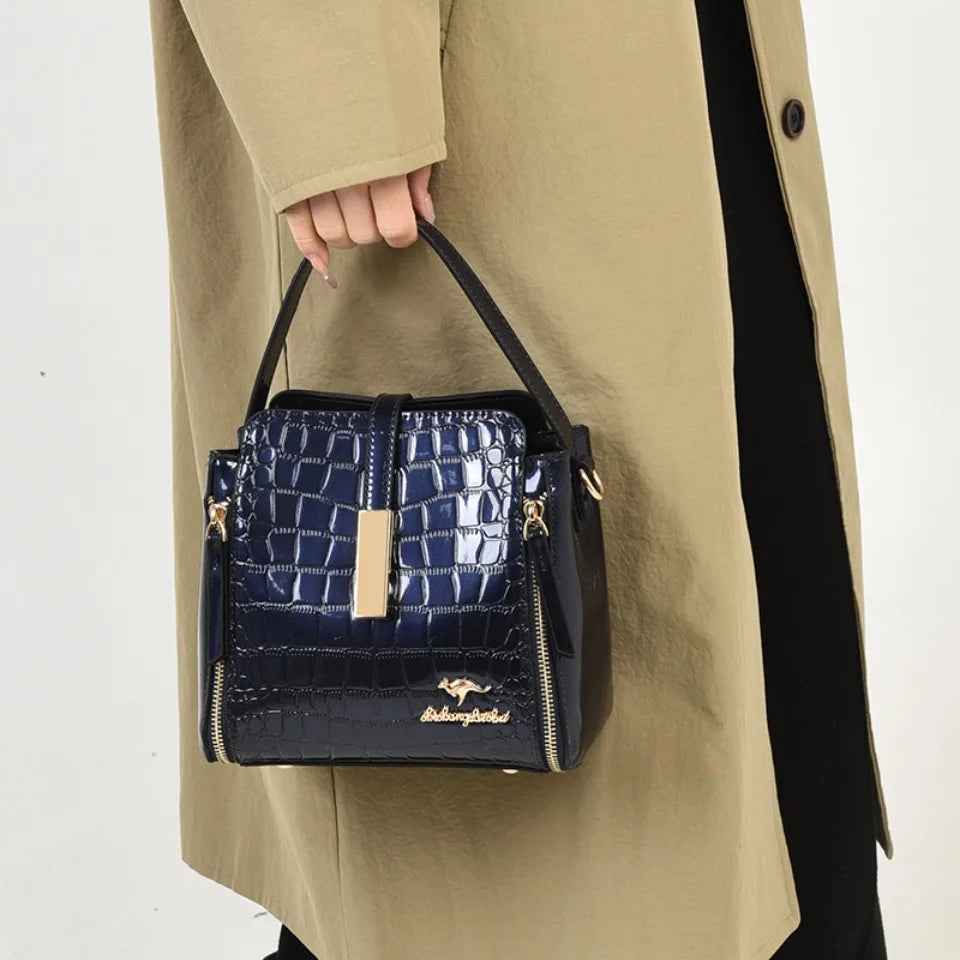 Women's Glossy Crocodile Embossed Patent Leather Bucket Bag Casual Top Handle Crossbody Shoulder Handbag for Daily Commute Sac