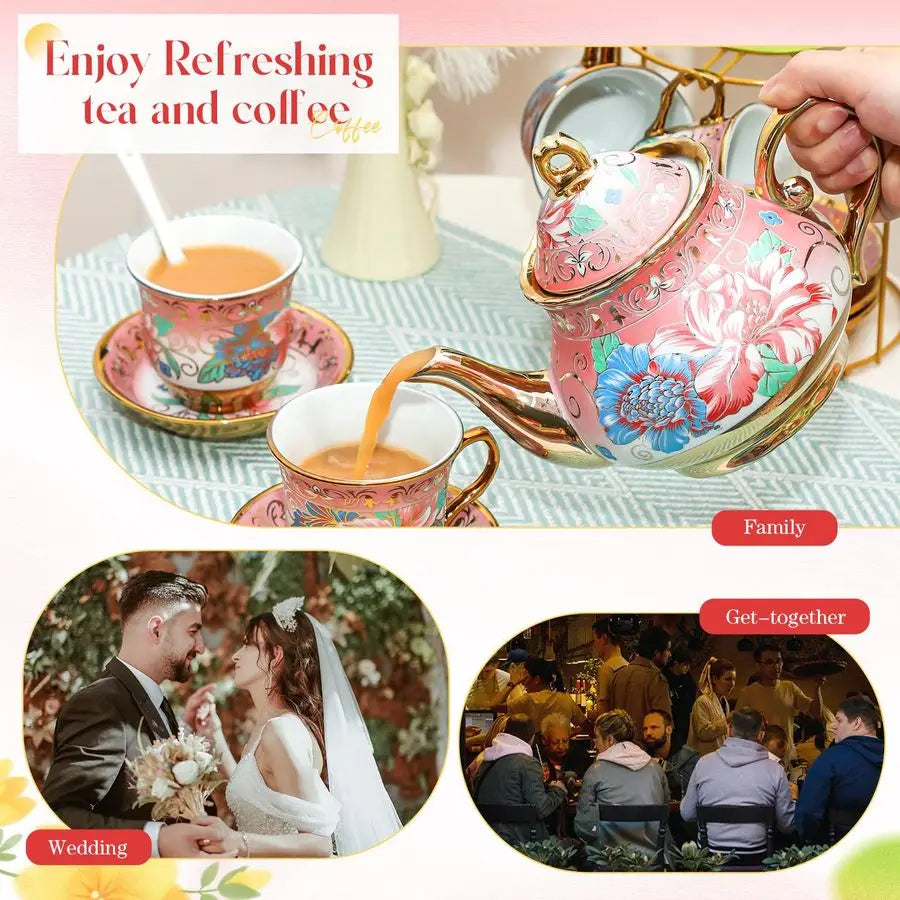 Pcs Porcelain Tea Set for Adults with Metal Holder and Spoon European Ceramic Tea Party Set Flower Painting Teapot Cup Saucer fo