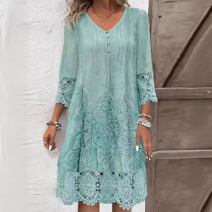 New Solid Color Lace Dress Spring Summer Women Fashion V-neck Button Loose Office Casual Dresses Female Holiday Robe Femme