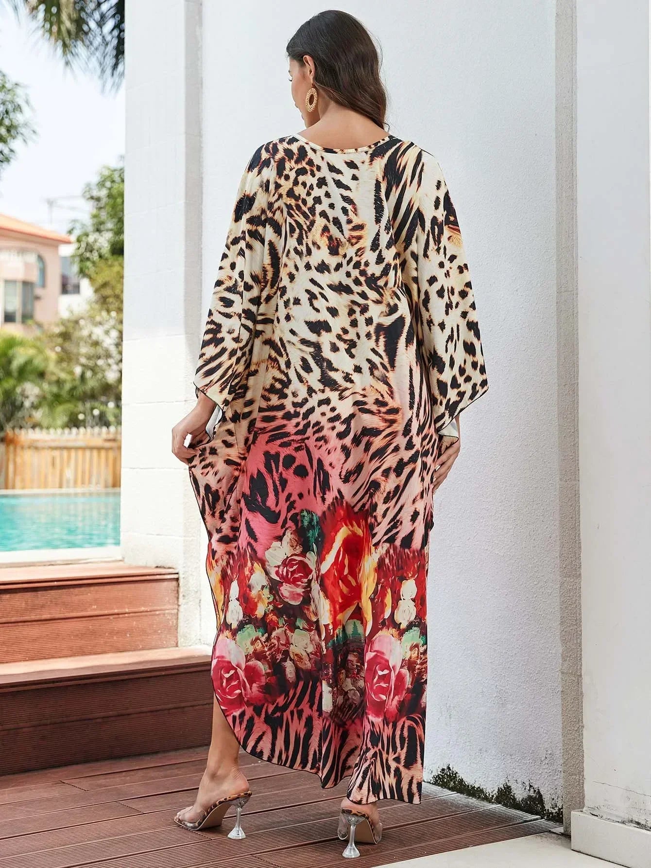 Women Ethnic Print Kaftan Beach Dress Bathing Suit Plus Size Swimsuit Cover Up Beachwear