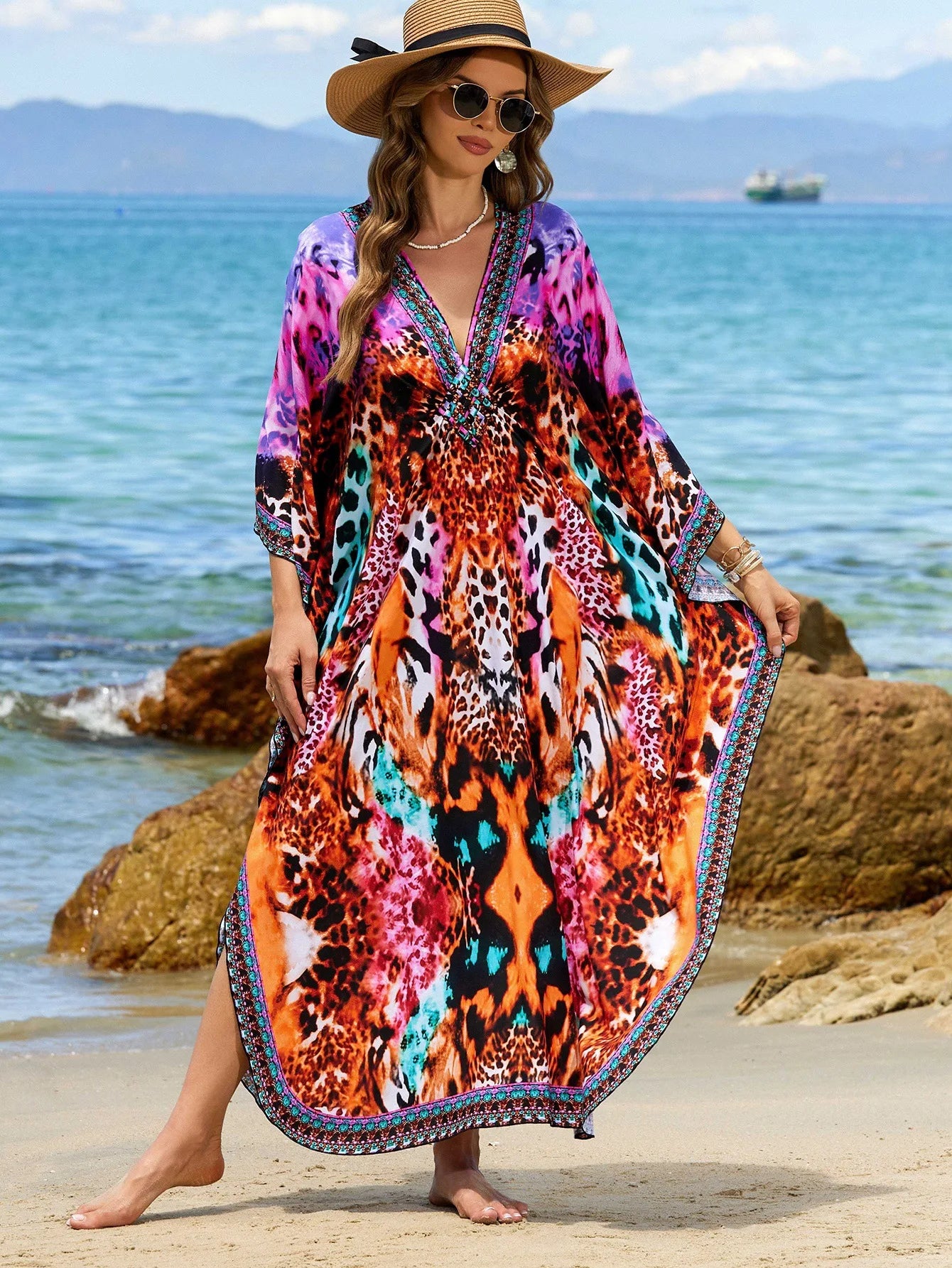 Beach Kaftans for Women Colorful Leopard Printed Cover Ups for Swimwear Hand Woven Summer Vacation Bathing Suits Hot Sales