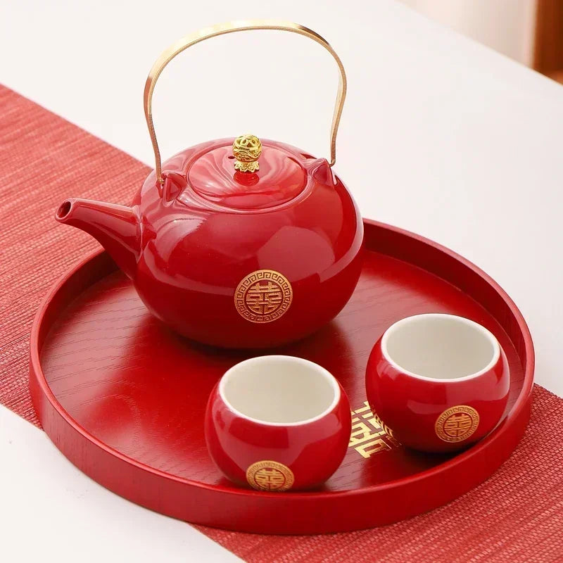 Red Ceramic Tea Set, Chinese Wedding Tea Set, Handmade Tea Pot Set, Special Customized Home Porcelain Beauty Tea Cup Set