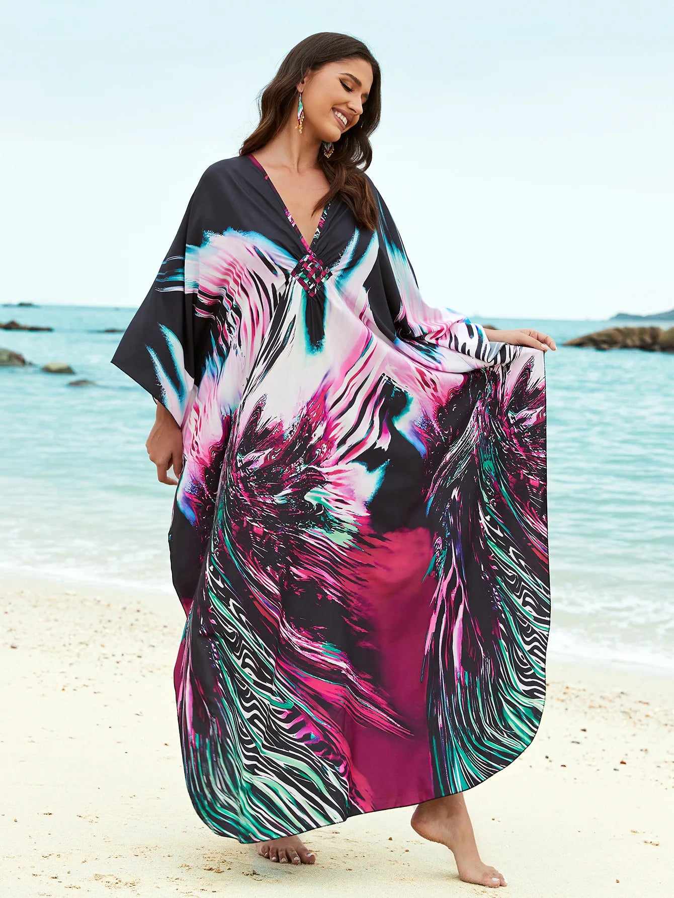 Kaftan Dresses for Women Plus Size Batwing Sleeve Caftans Long Bathing Suit Cover Up Maxi Beach Dress Loungewear