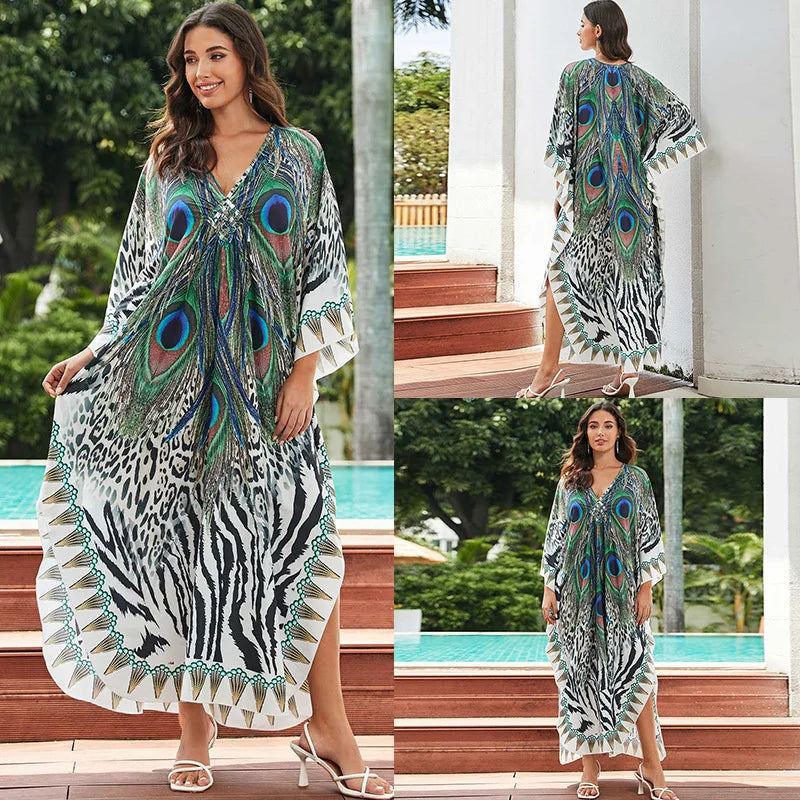 Women Ethnic Print Kaftan Beach Dress Bathing Suit Plus Size Swimsuit Cover Up Beachwear