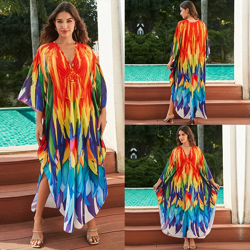 Women Ethnic Print Kaftan Beach Dress Bathing Suit Plus Size Swimsuit Cover Up Beachwear
