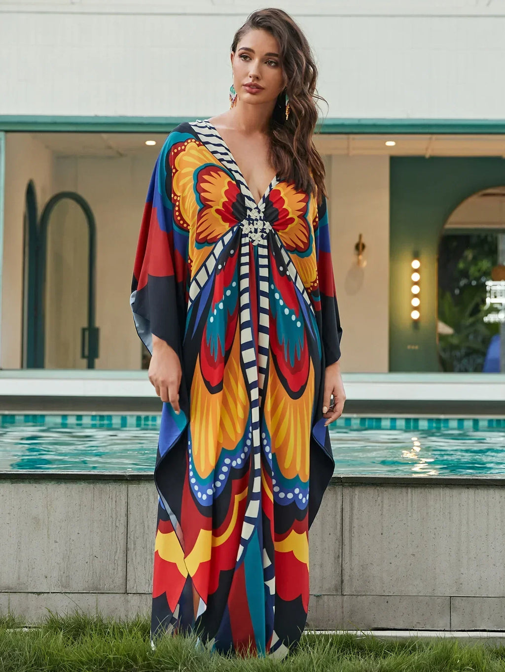 Women Ethnic Print Kaftan Beach Dress Bathing Suit Plus Size Swimsuit Cover Up Beachwear
