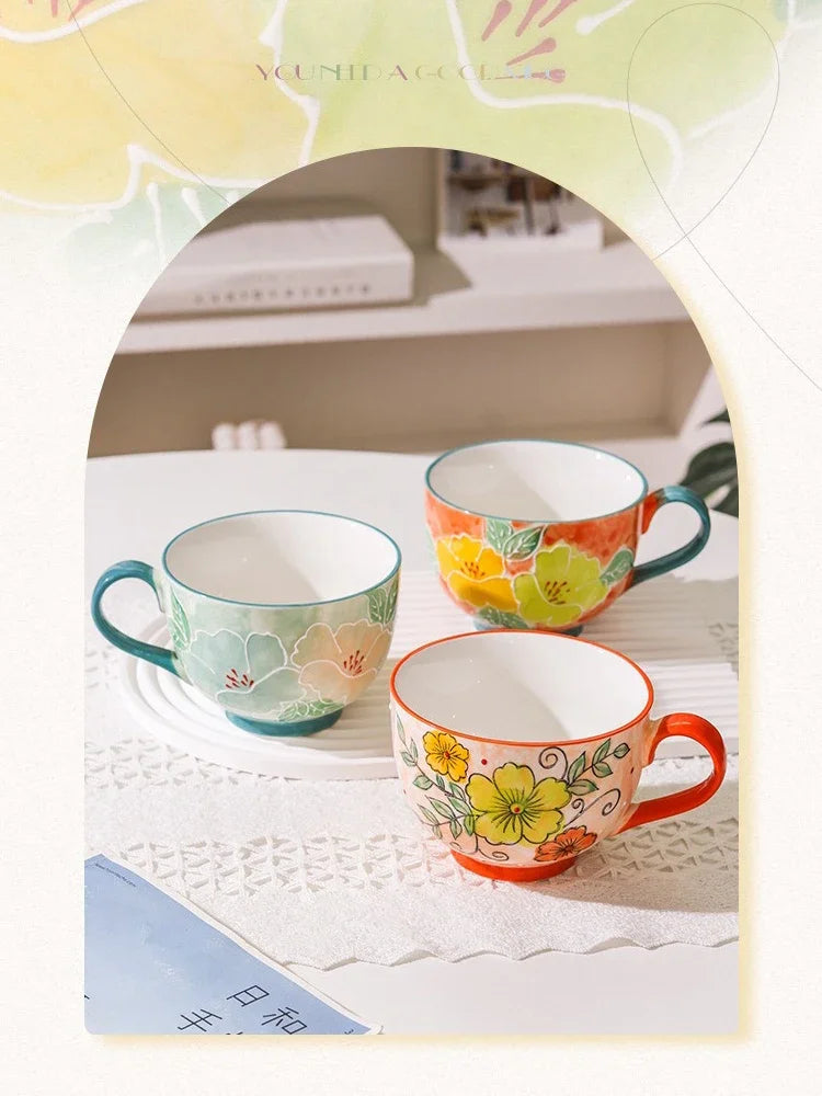 500ML Ceramic Coffee Mugs Large Capacity Hand-painted Relief Breakfast Cup Milk Oat Flower Tea Cups Creative Drinking Water Mug