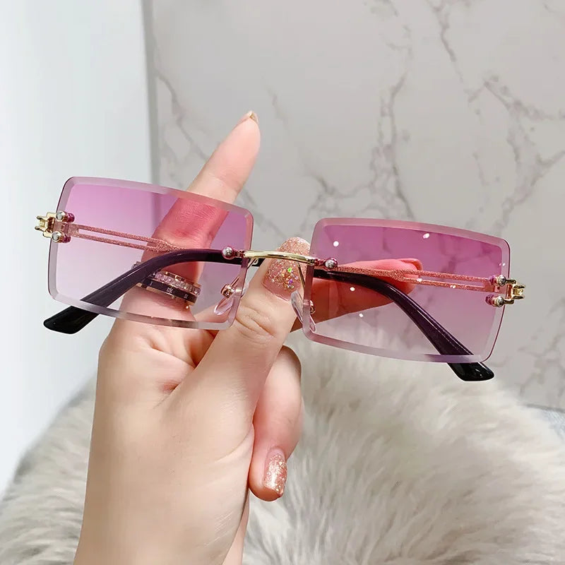 Vintage Fashion Rimless Sunglasses for Women Frameless Rectangle Shades Gradient UV400 Summer Traveling Sun Glasses for Womenn