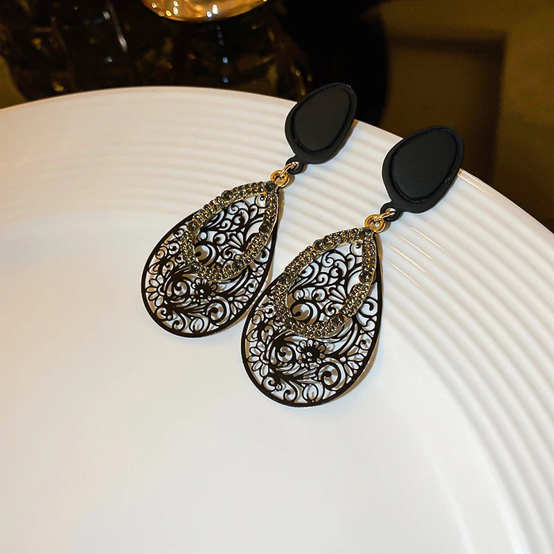 Rhinestone Circle Water Drop Metal Vintage Dangle Earrings for Women Personality Exquisite New in Earring 2024 Aesthetic Jewelry