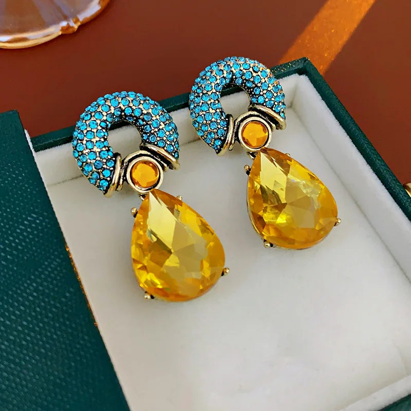 Rhinestone Circle Water Drop Metal Vintage Dangle Earrings for Women Personality Exquisite New in Earring 2024 Aesthetic Jewelry