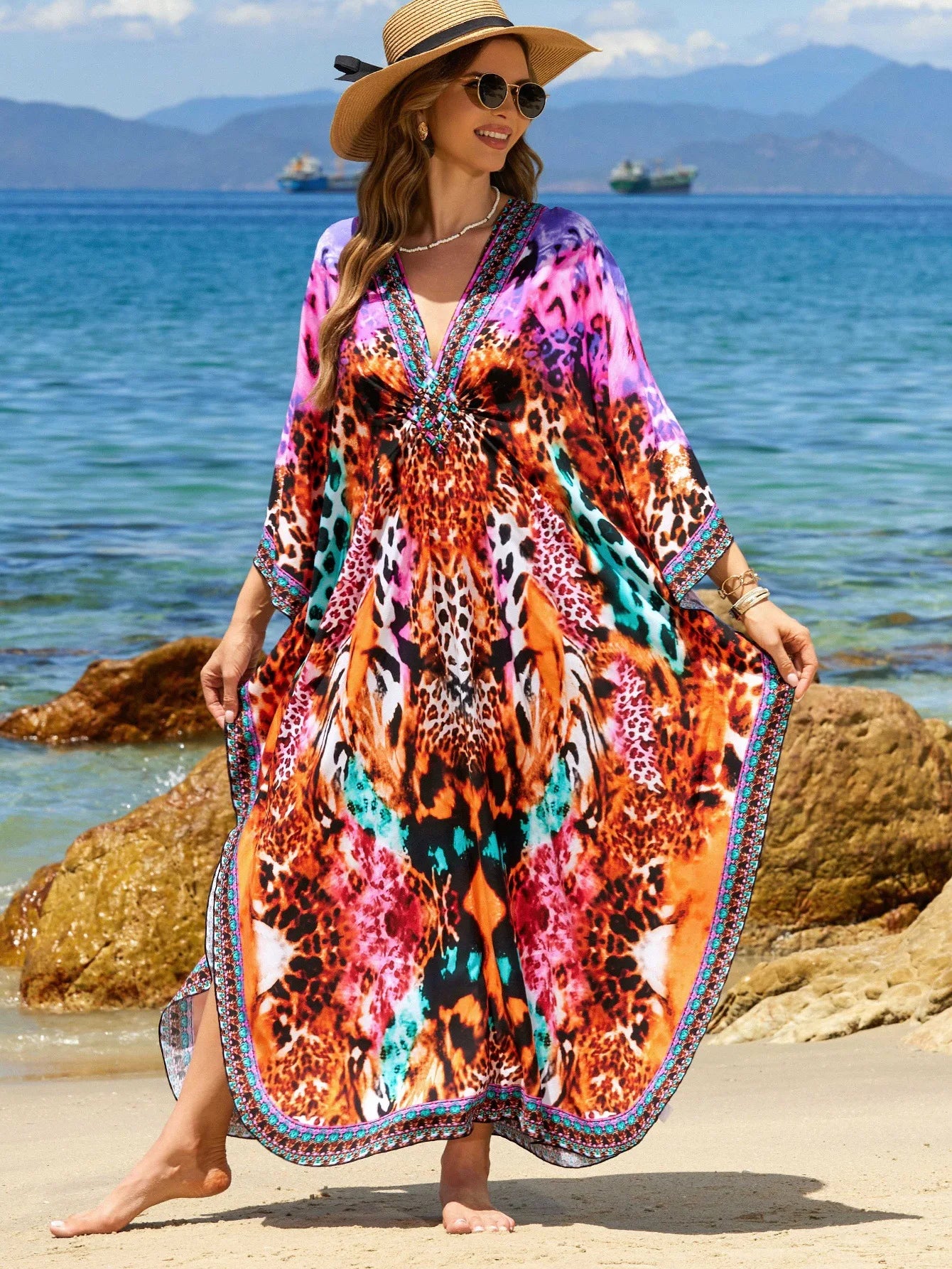 Beach Kaftans for Women Colorful Leopard Printed Cover Ups for Swimwear Hand Woven Summer Vacation Bathing Suits Hot Sales