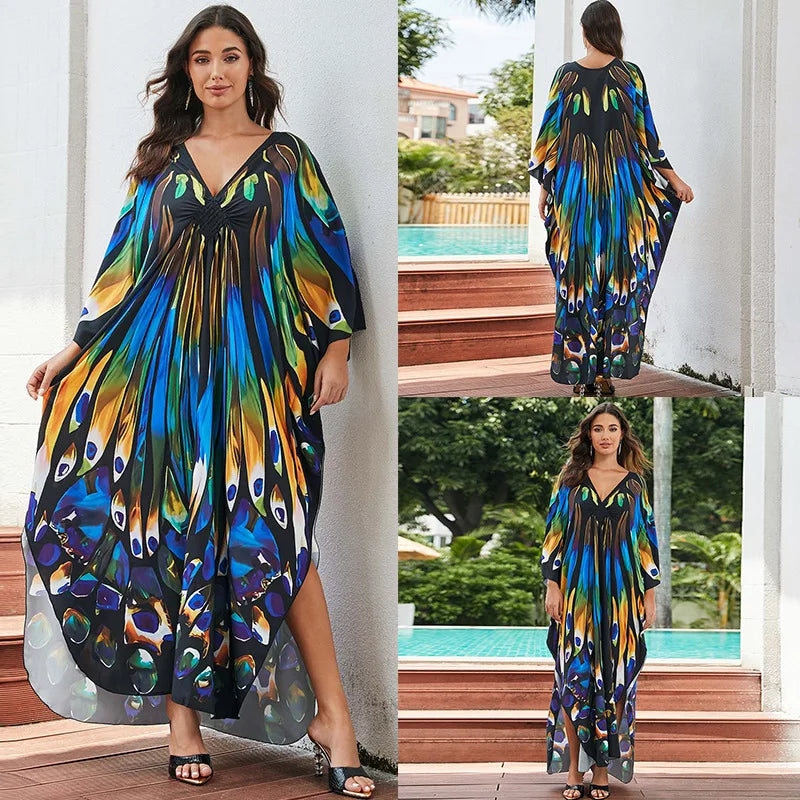 Women Ethnic Print Kaftan Beach Dress Bathing Suit Plus Size Swimsuit Cover Up Beachwear