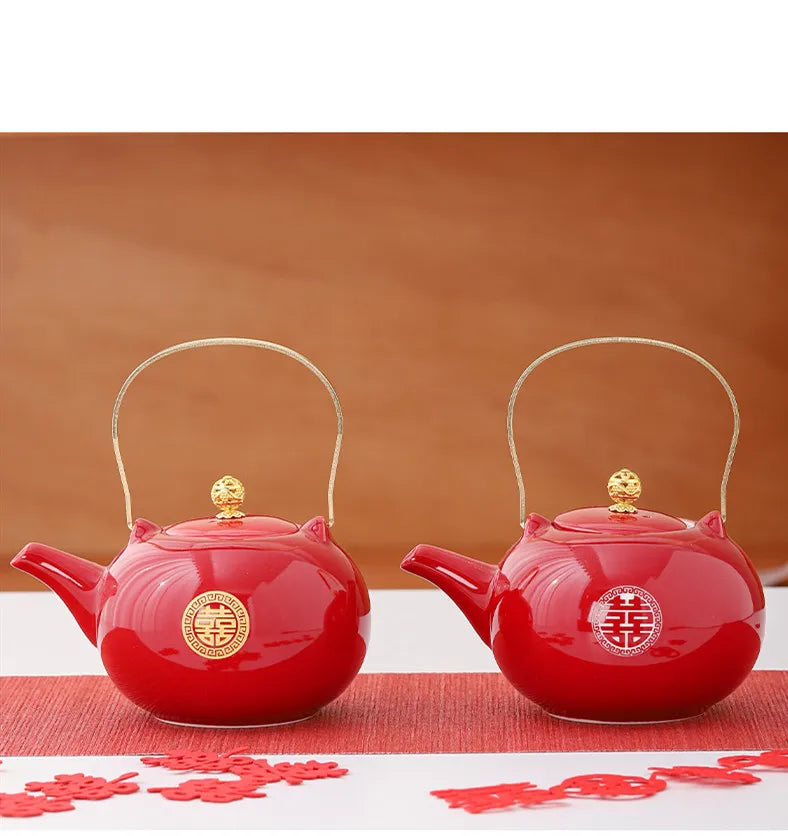 Red Ceramic Tea Set, Chinese Wedding Tea Set, Handmade Tea Pot Set, Special Customized Home Porcelain Beauty Tea Cup Set