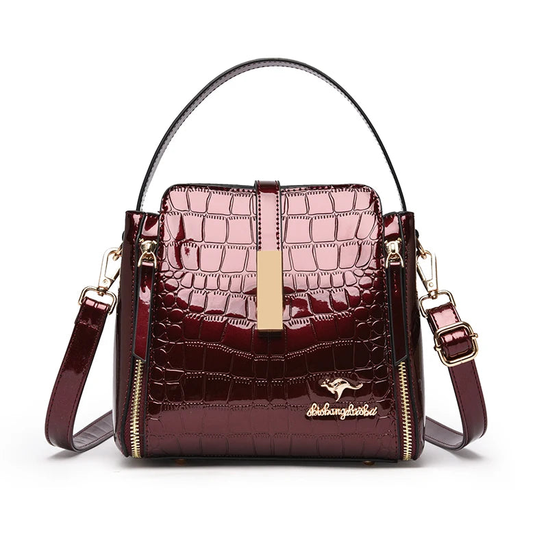 Women's Glossy Crocodile Embossed Patent Leather Bucket Bag Casual Top Handle Crossbody Shoulder Handbag for Daily Commute Sac
