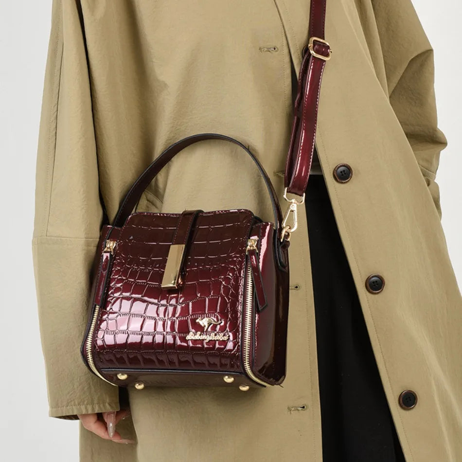 Women's Glossy Crocodile Embossed Patent Leather Bucket Bag Casual Top Handle Crossbody Shoulder Handbag for Daily Commute Sac