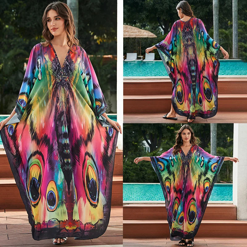 Women Ethnic Print Kaftan Beach Dress Bathing Suit Plus Size Swimsuit Cover Up Beachwear