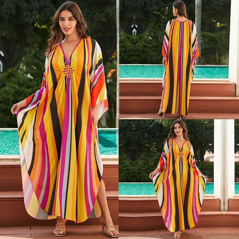 Women Ethnic Print Kaftan Beach Dress Bathing Suit Plus Size Swimsuit Cover Up Beachwear