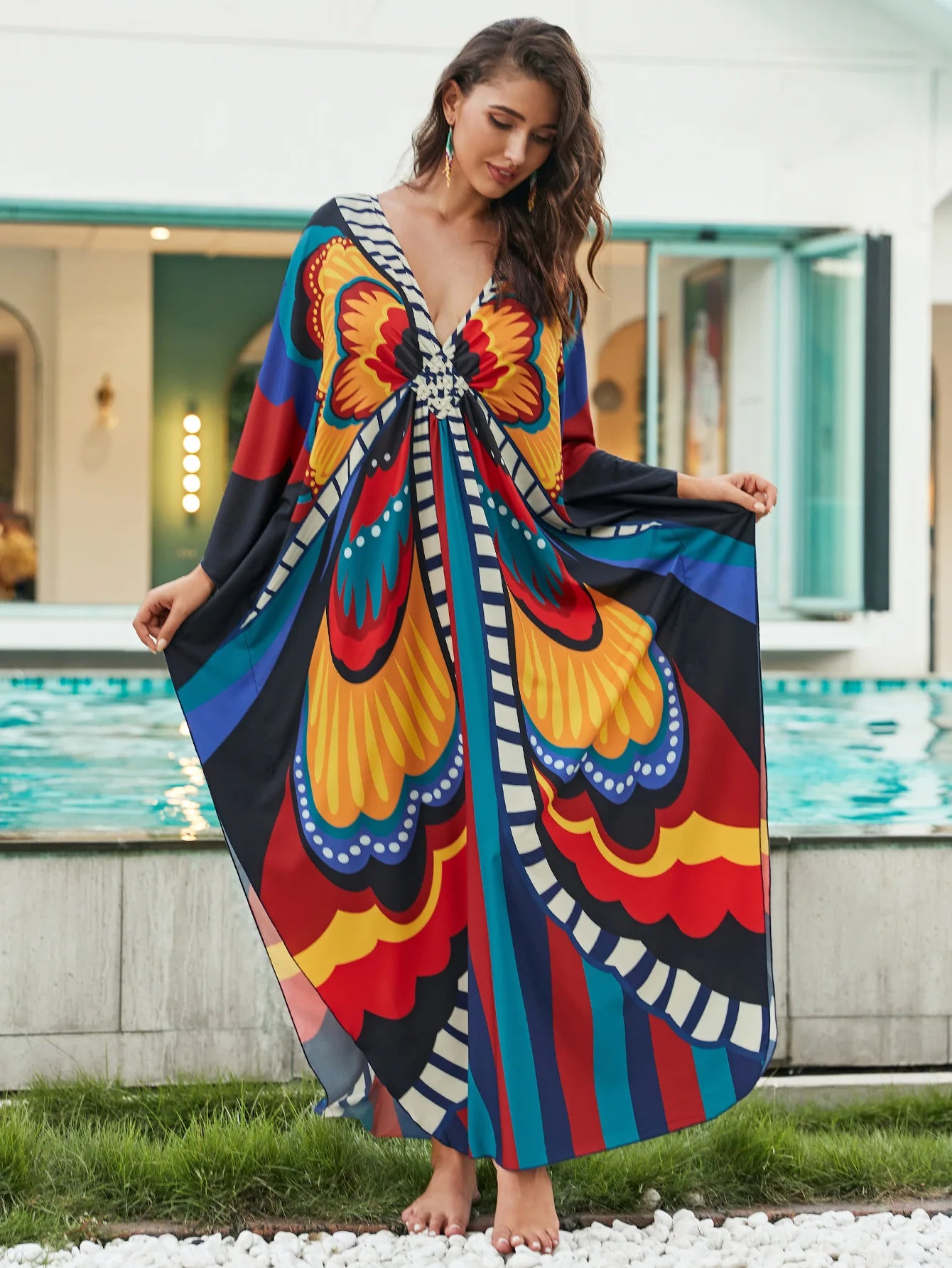 Kaftan Dresses for Women Plus Size Batwing Sleeve Caftans Long Bathing Suit Cover Up Maxi Beach Dress Loungewear