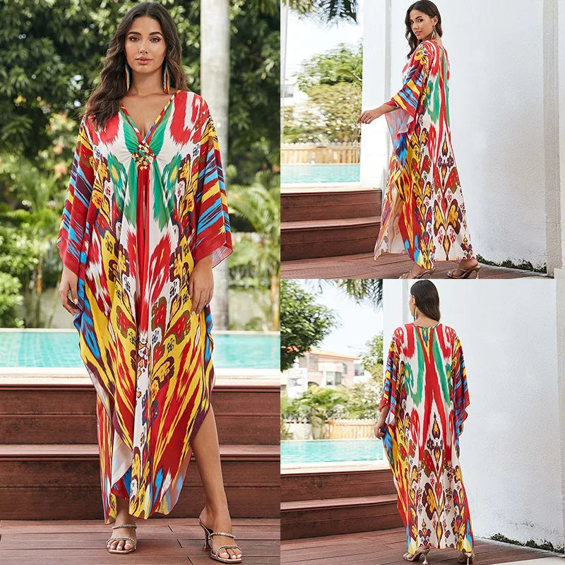 Women Ethnic Print Kaftan Beach Dress Bathing Suit Plus Size Swimsuit Cover Up Beachwear