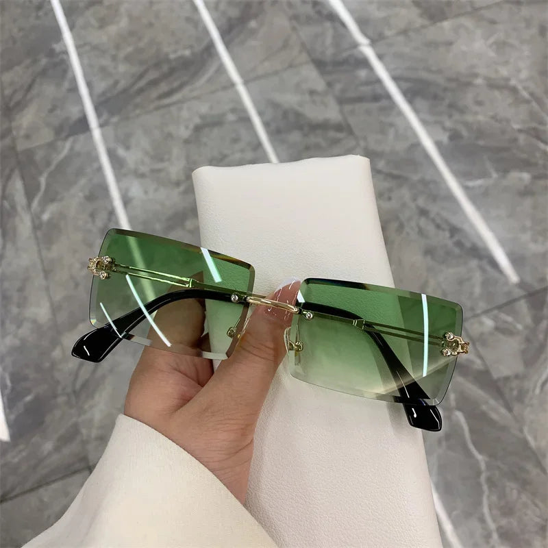 Vintage Fashion Rimless Sunglasses for Women Frameless Rectangle Shades Gradient UV400 Summer Traveling Sun Glasses for Womenn