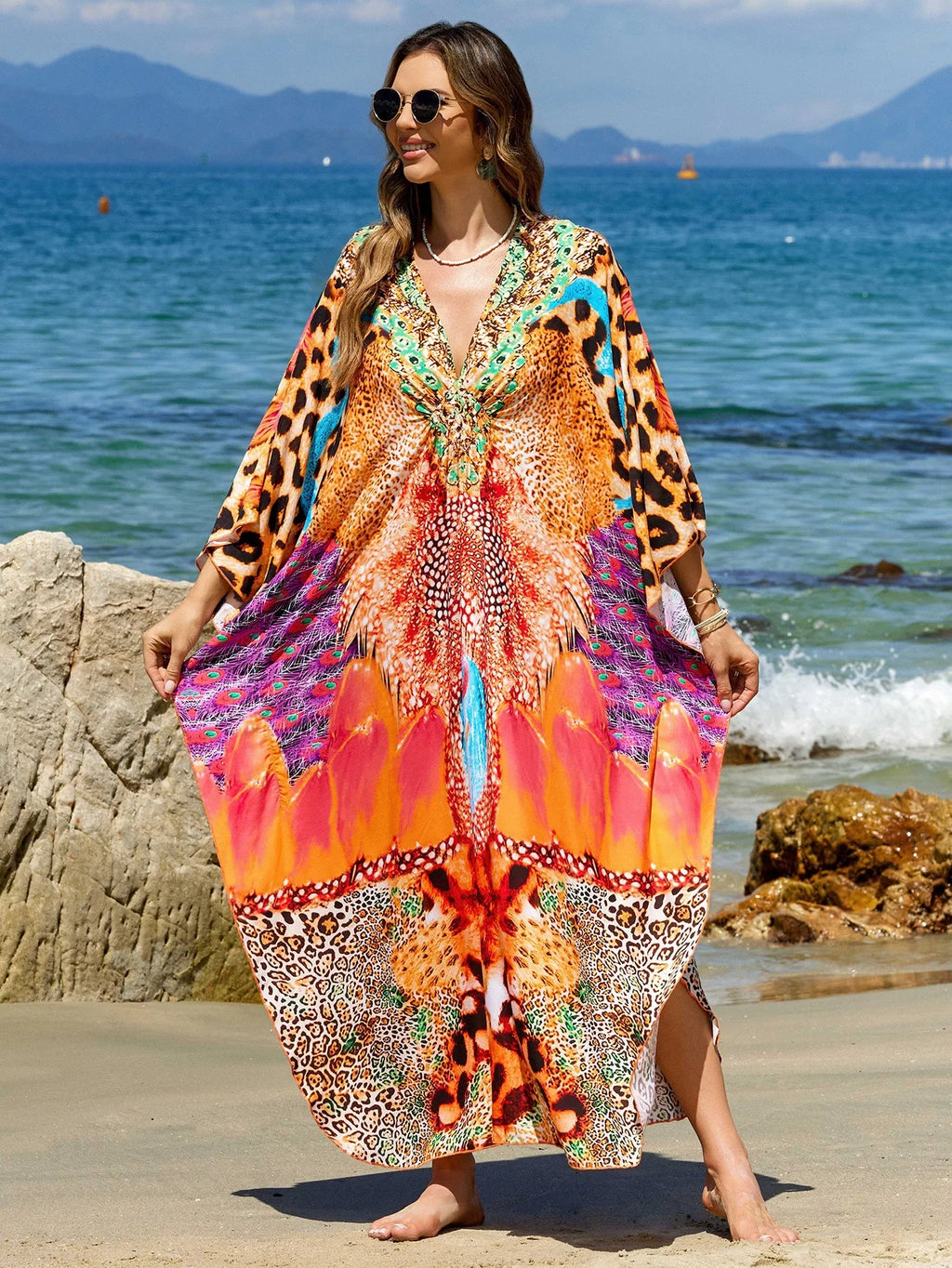 Beach Dresses Leopard Printed Kaftans for Women Hand Woven Cover Ups for Swimwear Factory Supply