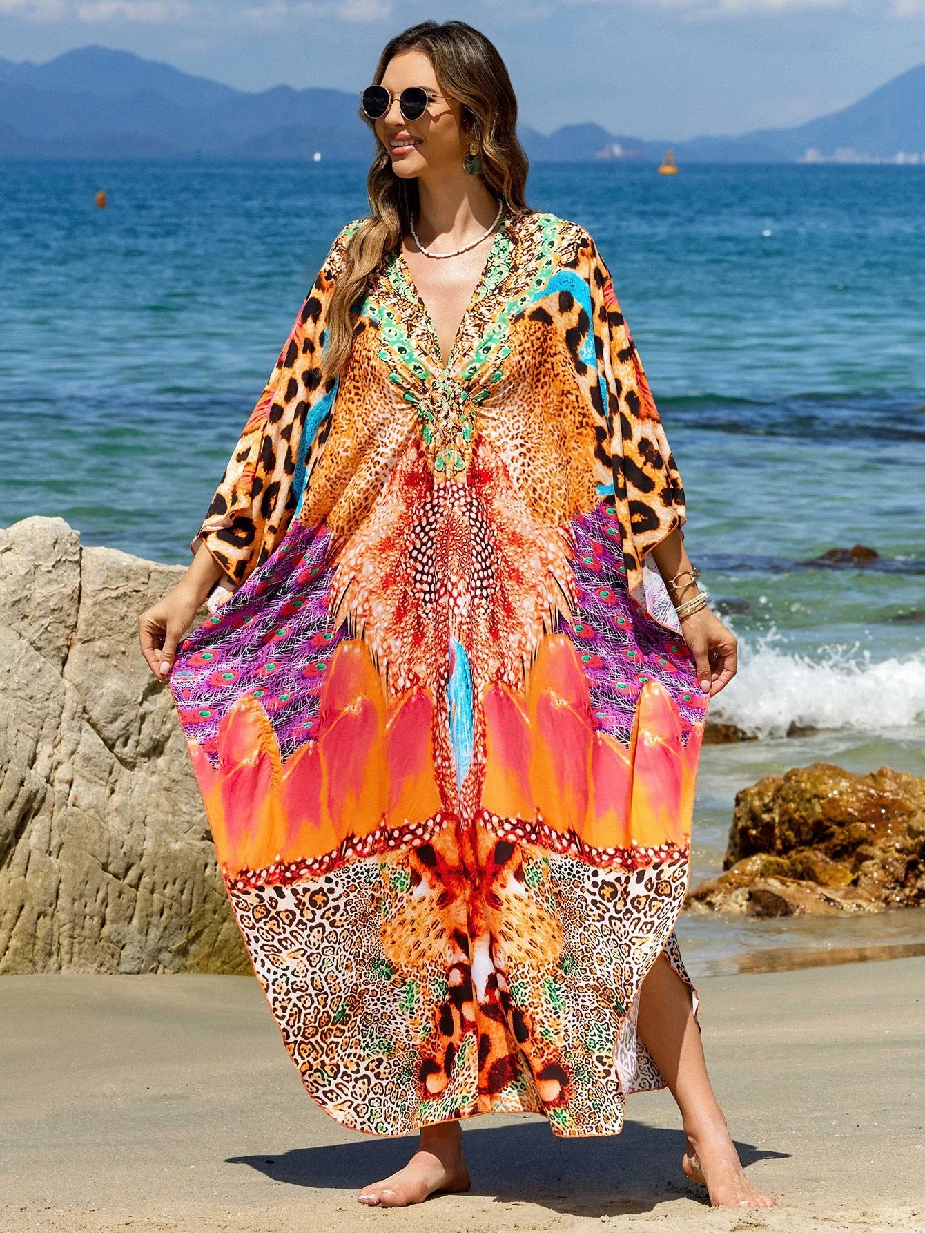 Beach Dresses Leopard Printed Kaftans for Women Hand Woven Cover Ups for Swimwear Factory Supply