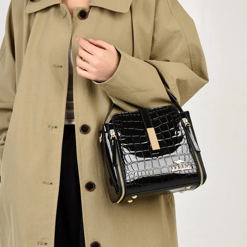 Women's Glossy Crocodile Embossed Patent Leather Bucket Bag Casual Top Handle Crossbody Shoulder Handbag for Daily Commute Sac