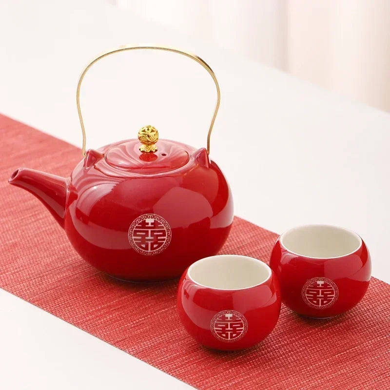 Red Ceramic Tea Set, Chinese Wedding Tea Set, Handmade Tea Pot Set, Special Customized Home Porcelain Beauty Tea Cup Set