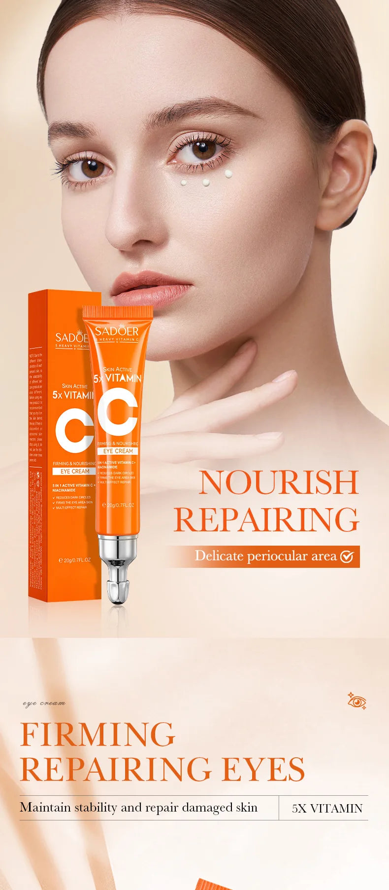 SADOER Vitamin C Eye Cream Anti Dark Circles Eyes Bags Remover Moisturizing Brightening Firming Skin Care Products for Eyes