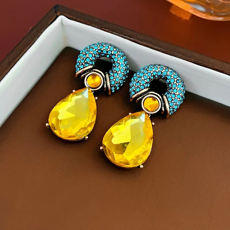 Rhinestone Circle Water Drop Metal Vintage Dangle Earrings for Women Personality Exquisite New in Earring 2024 Aesthetic Jewelry