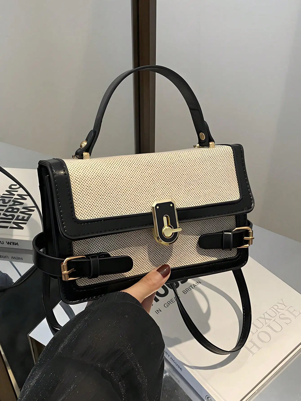 Structured Square Crossbody Bag with Gold-Tone Clasp and Adjustable Strap