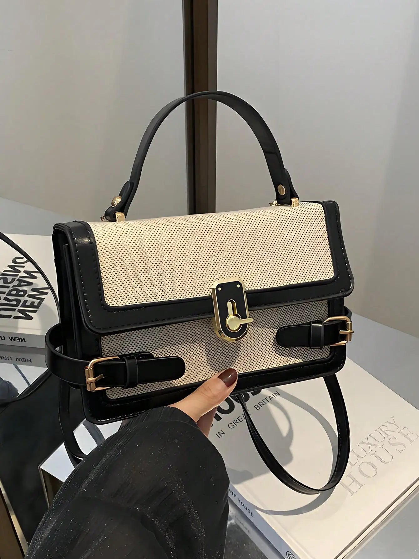 Structured Square Crossbody Bag with Gold-Tone Clasp and Adjustable Strap