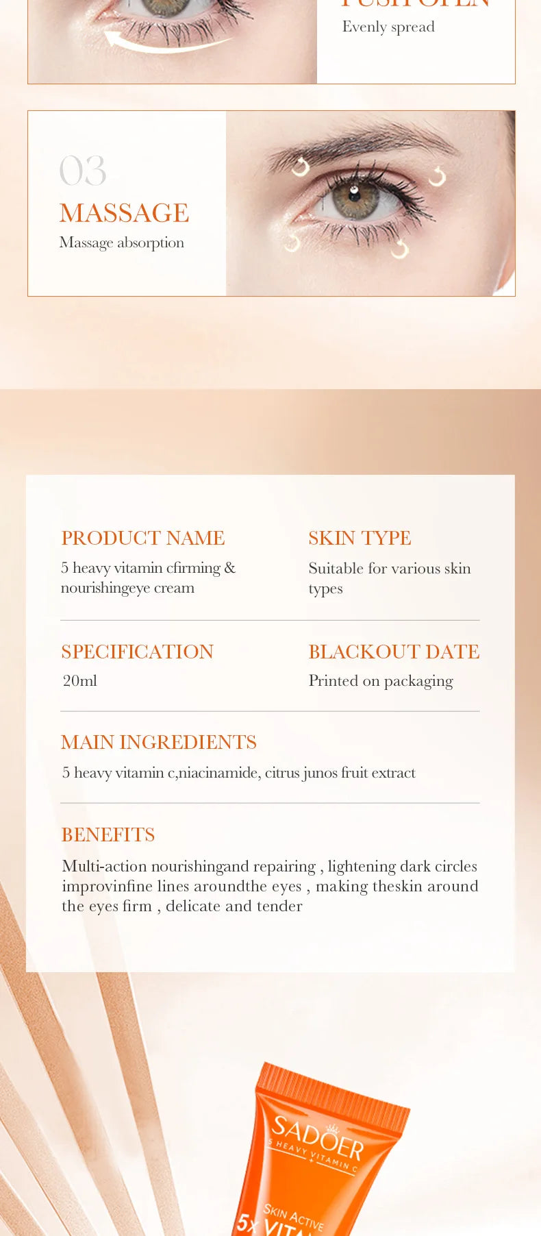 SADOER Vitamin C Eye Cream Anti Dark Circles Eyes Bags Remover Moisturizing Brightening Firming Skin Care Products for Eyes