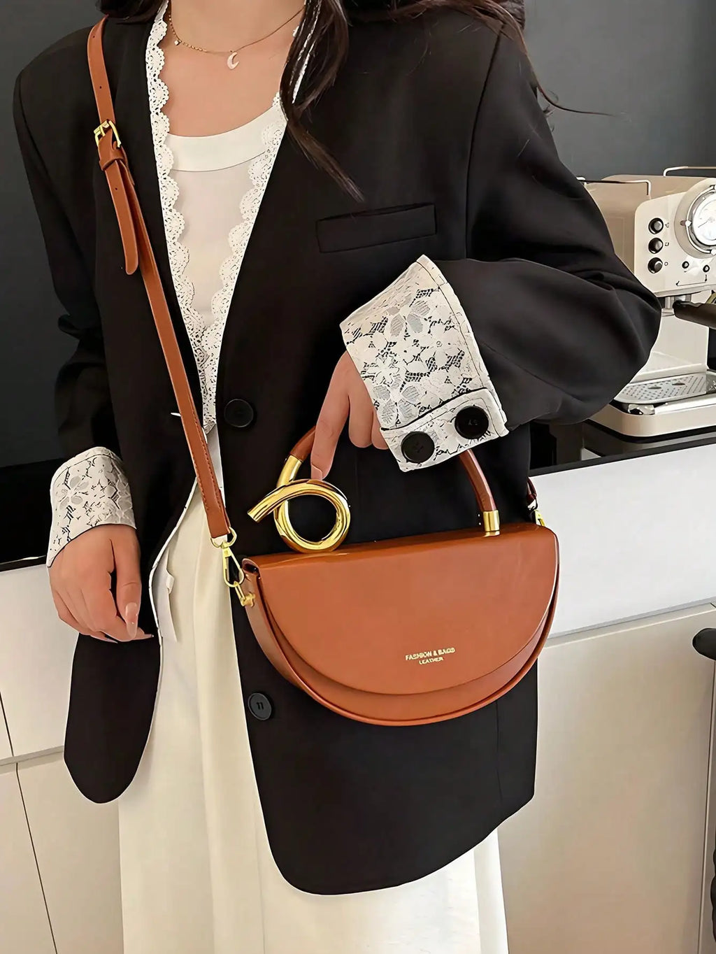 Brown Saddle Bag with Gold Twist Handle, Vegan Leather Top-Handle Crossbody for Daily Use